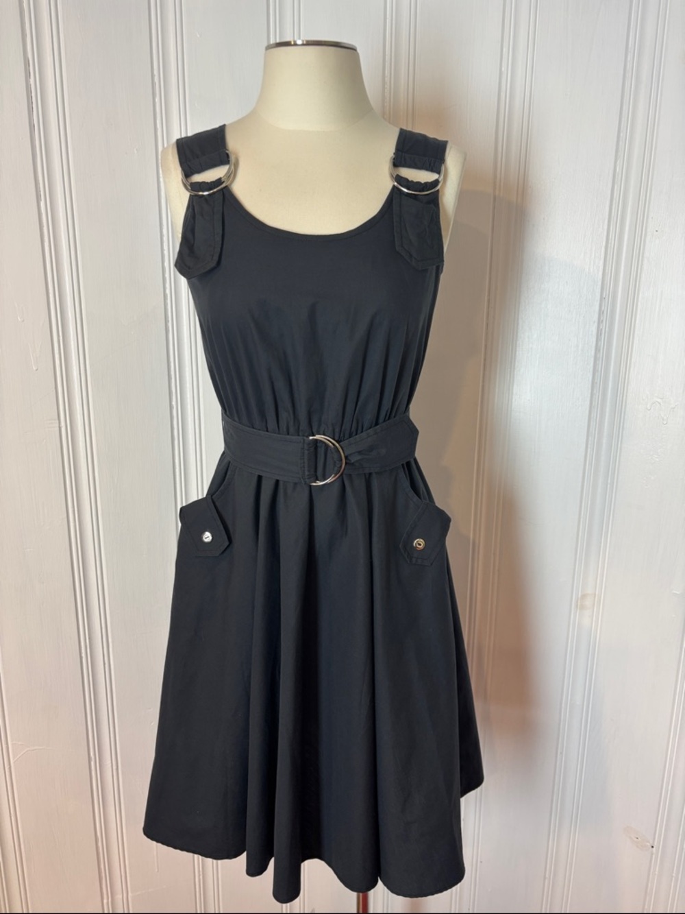 MATINÉE Vintage Black Fit & Flare Belted Dress w/ Pockets Made in Canada Size S